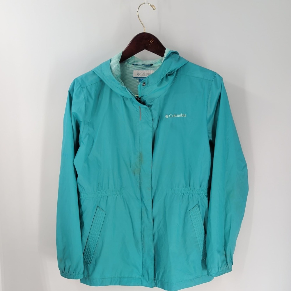 Vtg‎ Columbia Sportswear Company Hooded Full Zip Rain Jacket Aqua Blue Size XL